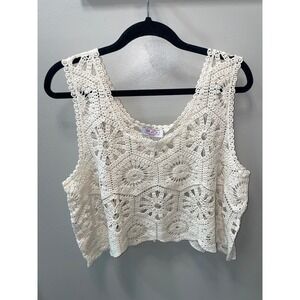MoCo Boutique Cream Floral Crochet Crop Top Sleeveless Cotton Boho Vest Womens